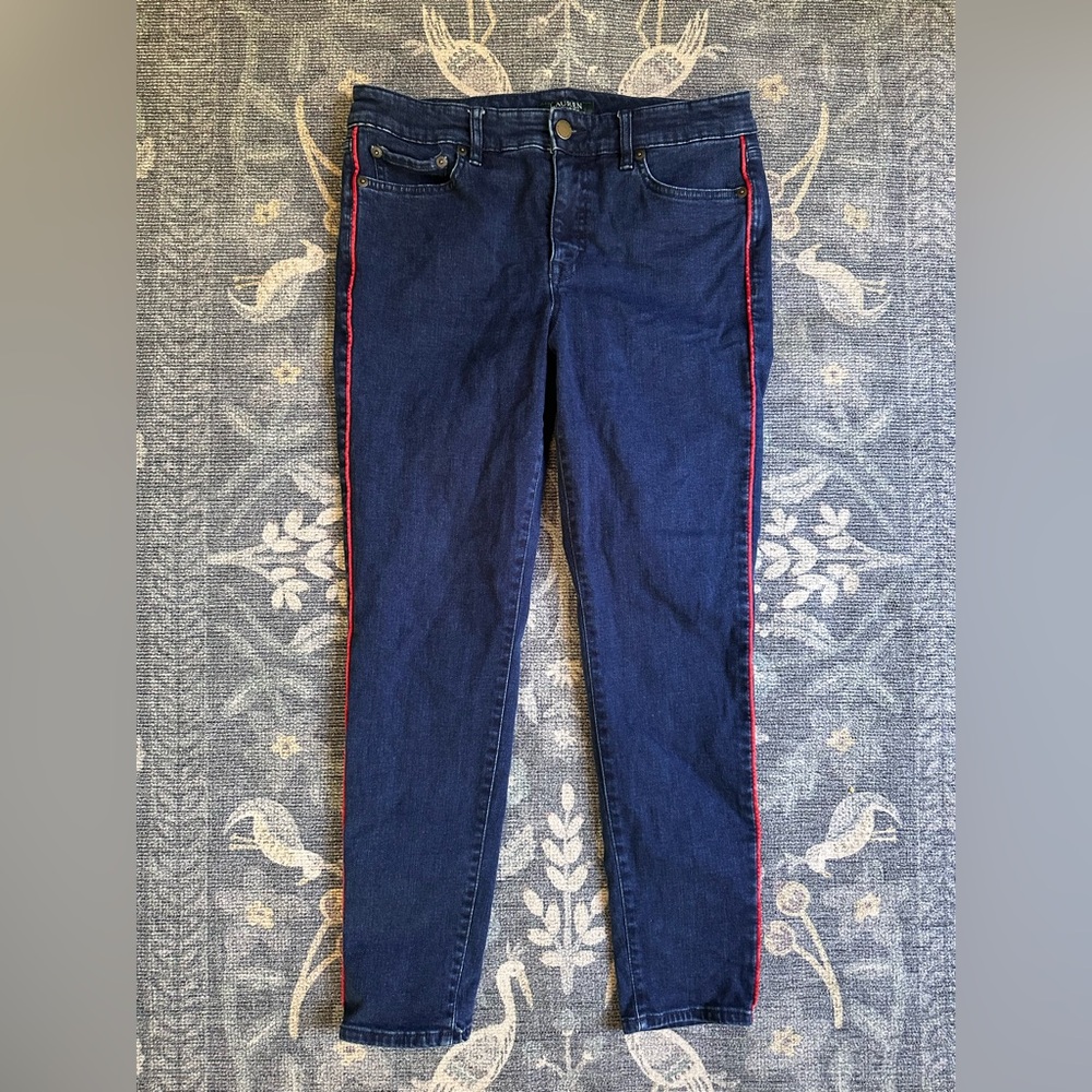 Ralph Lauren Dark Blue Premier Skinny Cropped Jeans with Red Trim